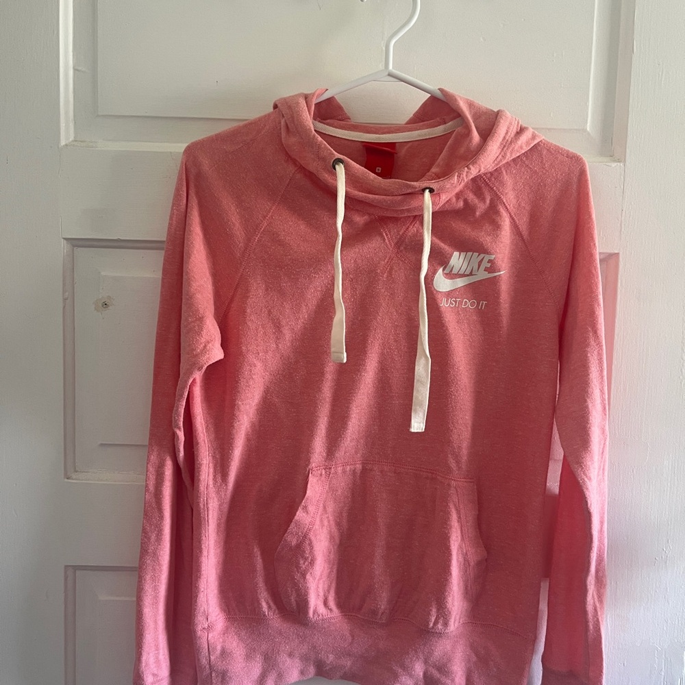 Nike Women’s Coral Pink Pullover Hoodie with White Drawstrings